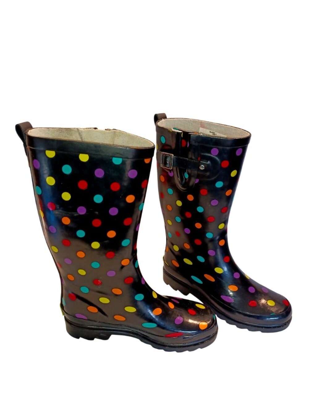 Rain Boots Black Polka Dots Waterproof Rubber Buckle Western Chief Womens Size 6